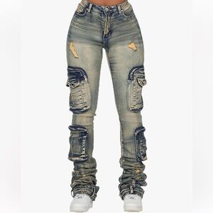 Women's Straight Leg Cargo super stacked Jeans - Distressed Blue
